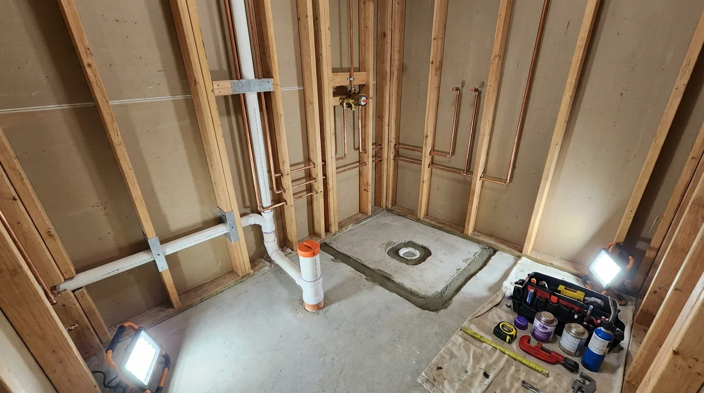 Bathroom rough-in plumbing during remodel by Johns Plumbing LLC in Hollywood