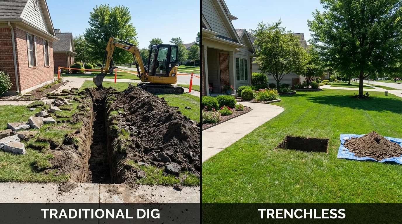 Trenchless sewer repair with minimal yard damage versus traditional excavation in Hollywood, SC