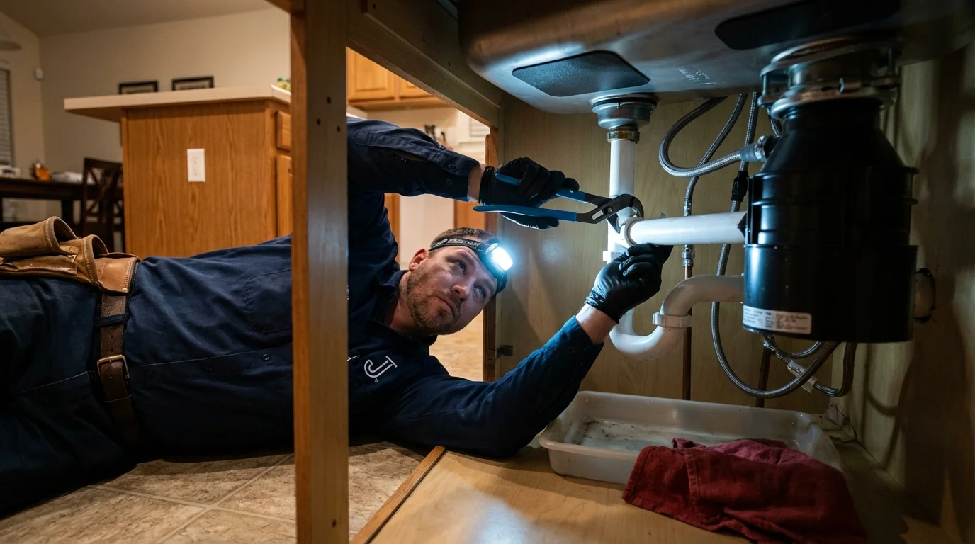 P-trap and supply line connections under a kitchen sink showing a common leak point in Hollywood, SC